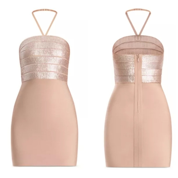 New Hervé Léger Emili Sequin Halterneck Sleeveless Bare Mini Dress Large NWT - Picture 9 of 14